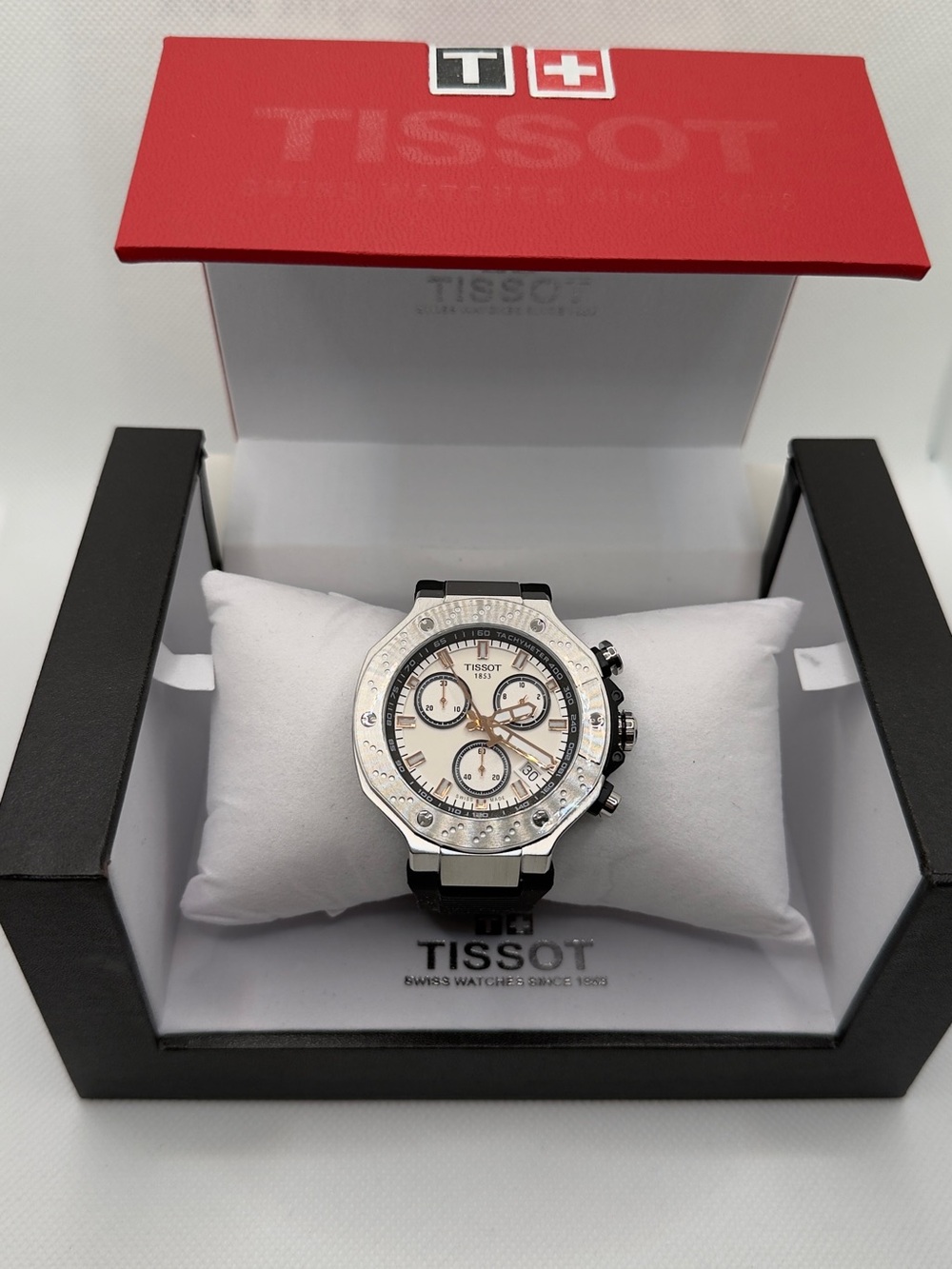 Tissot Silver Watch with White Dial and Black Accents